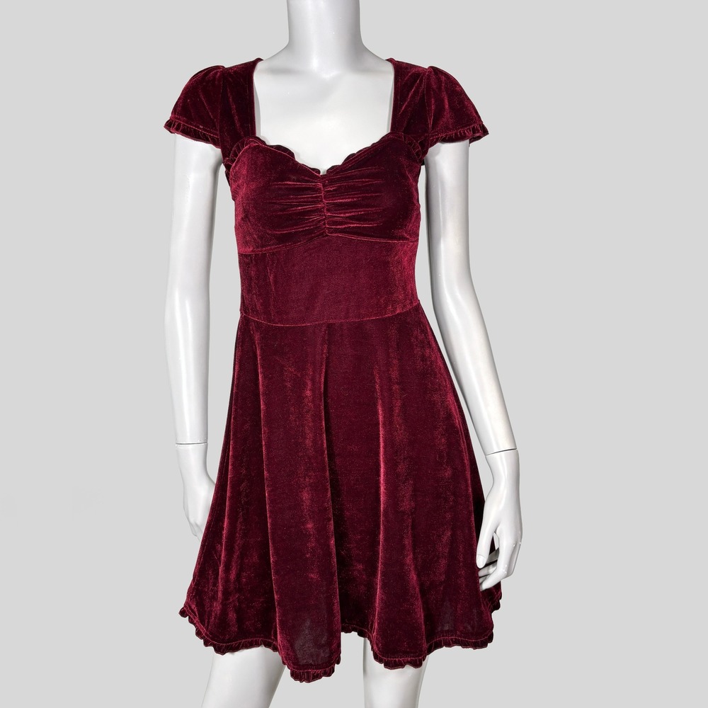 Sourpuss Burgundy Velvet Goth Skater Dress Sz S Ruffle Cap Sleeve Whimsygoth
